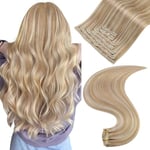 Easyouth Extension Vrai Cheveux Humain a Clips Blonde Highlight Extension Cheveux Naturel Clip Blond Fraise à Blond Bleach Remy Extension Clip Double Trame 55 cm 120g 7Pcs