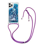 MRSTER Lanyard Housse pour iPhone 12 Mini Coque, Bling Liquide Paillette Silicone Antichoc Kawaii Etui Housse avec Cordage Lanyard Case pour iPhone 12 Mini 5.4”. LP Love Blue