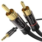 KabelDirekt – 1.5m – Aux/3.5mm to RCA/phono male adapter cable, 2x RCA/phono plugs (Y splitter audio cable, for connecting smartphones/notebooks and other equipment to Hi-Fi systems/speakers, black)