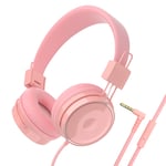 BASEMAN Wired Headphones with Microphone - Foldable Wired On-Ear Headphones for Laptops Computer Cellphone Tablet, Stereo Bass Headsets with 3.5mm Jack No-Tangle Cord for Boys Girls Women Men - Pink
