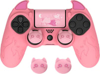 Protection Manette Pour Ps4 Avec Capuchon Joystick,Housse Coque De Protection Pour Ps4 Pro Avec Thumbsticks Caps,Silicone Skin Cover Pour Ps4 Slim-Rose(Édition Démon)