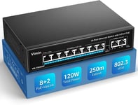 Commutateur PoE 8 Ports Non g¿¿r¿¿ avec 2 Ports Uplink, Haute Puissance 120W, Support IEEE802.3af/at, Vlan, Extension 250m 10 Port Network Power Over Ethernet Switch.