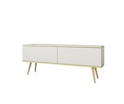 Meuble TV Avec Lamelles  Blanc Avec Pieds En Or, 135 X 53 X 32 Cm