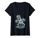 Womens T-Rex on Vacation Funny Dino Lover Island Design V-Neck T-Shirt