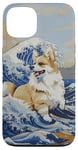 Coque pour iPhone 13 Sabtle White Corgi Chien Maman Papa Kanagawa Art Beach