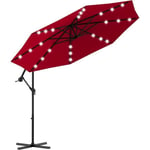 RELAX4LIFE Parasol Deporté Lumineux Ø300CM - 24 LED & Base en Croix - Hauteur et Angle Réglables - Système de Manivelle, Vin Rouge