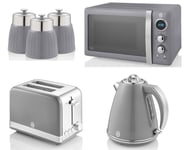 SWAN Retro Grey Jug Kettle 2 Slice Toaster Microwave & 3 Canisters Kitchen Set