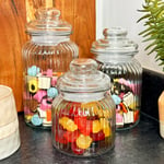 Glass Sweets Jars Set Of 3 Ribbed Airtight Round Kitchen Food Storage Containers