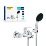 GROHE Start Mitigeur Monocommande Bain/Douche, Douchette 1 jet, Support de Douche Mural Universel, Flexible 1,5m, Economie d'Eau, A coller avec GROHE QuickGlue ou à visser, Chromé, 25283002