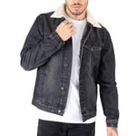 NOROZE Mens Denim Jacket with Detachable Sherpa Collar Classic Fur Jean Trucker Coat (XXL, Black)