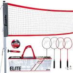 Franklin Sports Elite Ensemble de filet de badminton et volley-ball – Comprend volley-ball, raquettes de badminton, oiseaux, bâtons, filet, piquets, cordes, kit de délimitation – Badminton de plage ou