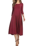 HOTOUCH Robe tunique élégante à col rond et manches 3/4, robe trapèze classique, robe midi avec poches pour femme, rouge vin, L