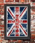 KC2 Framed Vintage Style Union Jack Keep Calm Carry On Skiing Sport Poster Print Re-Print - A4