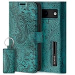 SURAZO Étui de Protection pour téléphone Portable Google Pixel 8a - Pliable en Cuir véritable - avec Aimant, Compartiment pour Cartes, Protection RFID - Étui à Rabat en Cuir (Motif Floral Turquoise)