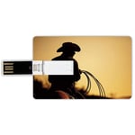 32G USB Flash Drives Credit Card Shape Western Memory Stick Bank Card Style Cowboy with Lasso Silhouette at Small Town Rodeo Theme American USA Culture Decorative,Brown Light Brown Waterproof Pen Thum