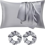 Seiwohl Satin Pillowcase for Hair and Skin Grey Satin Pillow Cases 2 Pack with Satin Hair Scrunchies for women Soft as Silk Pillowcase Cooling Pillow cases with Envelope Closure Standard Size 50x75 cm