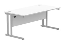 Office Hippo Essentials Rectangular Desks, Home Writing Computer Desk Office Desk For Work Place Or Home, Home Office Desk With Cable Port Management, Silver Frame, Alaskan Grey Oak 160cm x 80cm