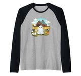 Funny Ghost Farmer Halloween Barnyard Farm Animal Cute Ghost Raglan Baseball Tee