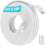 Cable Ethernet 10m, Cat 6 Haut Débit Cable RJ45 10m Exterieur Câble Internet Plat, 1000Mbps Câble Réseau RJ45 Blanc Câble Wifi Intérieur Cordon RJ45 Extra Long Fil Ethernet pour Routeur.[G1341]