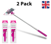 2 x Foldable Selfie Stick Pink Tripod Monopod Phone Holder iPhone Samsung 63cm