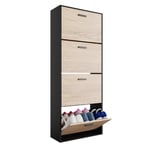 CASABEL Meuble de Rangement a Chaussure 24 Paires - Armoire Etagere Grande Capacité pour Entree, Couloir - L60xP24xH150 cm - Portes Bois Clair Cadre Noir