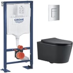 Grohe - Pack wc Bâti Solido + wc sans bride sat Noir mat + Plaque chrome (AUTOPORTANT-BLACKSAT-1)