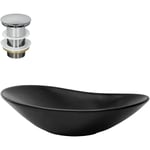 Lavabo à Poser en Céramique Noir Mat, 630 x 360 x 155 mm, Ovale, avec Bouchon de Vidange 1 1/4 Universel Push Open, Vasque Évier Lave-Mains pour