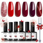 Modelones Vernis Semi Permanent Rouge Pailleté, 6 Couleur Gel UV Semi Permanent Kit avec Bâton Magnétique, Cat Eye Vernis à Ongles Yeux de Chat Soak Off Polish French Manucure Cadeau de Saint-Valentin