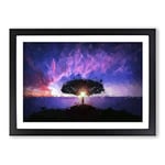 Big Box Art Lone Tree Beneath a Purple Sunset in Abstract Framed Wall Art Picture Print Ready to Hang, Black A2 (62 x 45 cm)