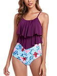 FLYILY Maillot de Bain Tankini pour Femme Haut Double à Volants Taille Haute Maillots de Bain 2 pièces Maillots de Bain(4-Purple,XL)