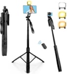 Trépied Smartphone, 160cm Extensible Perché à Selfie Trepied Téléphone avec Stabilisateur et Lumière de Remplissage, Bluetooth Télescopique Compatible avec iPhone,Android,Gopro,Appareil Photo