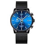 Affute Montre pour homme, tendance, sport, à quartz, analogique, maille noire, acier inoxydable, étanche, chronographe, affichage automatique de la date, Classique