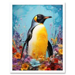 King Penguin in Colourful Floral Flowers Nest Thick Paint Oil Painting Yellow Black Blue Colourful Artwork Art Print Framed Poster Wall Decor 12x16 in