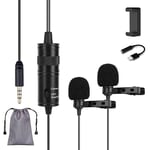 Dual Lapel Lavalier Mic, Venidice Lvd2M Double-head Clip on Omnidirectional Microphone, with 6.3mm Adapter, for iPhone Android Smartphone, DSLR Mirrorless Camera, Audio Recorder, PC Laptop, 6M Cable