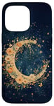 iPhone 14 Pro Max Floral Crescent Moon Stars Dark Blue Cottagecore Botanical Case