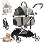 LPOTIUS Poussette pour Chien Pliable Chariot pour Chat à 4 Roues 3 en 1 Poussette Animal pour Animal de Compagnie de Moins de 20 Kg avec Panier de Rangement (Gris)