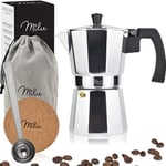 Milu cafetière Italienne (Non Induction) | 2 3 6 9 Tasses | Cafetière Moka en Aluminium, Espresso Maker, Ensemble comprenant un sous-verre, une cuillère, un pinceau (Aluminium, 2 tasses (100ml)