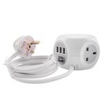 3 Way Power Cube Socket, 3 USB Ports 1.4M White Electric Extension Charging Lead