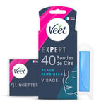 Veet EXPERT - 40 Bandes de Cire Froide Visage - Peaux Sensibles - Finition Parfaite - Epilation Longue Durée