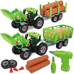 GILOBABY Démonter Jouet Tracteur, 2 en 1 Jouet Véhicule de la Ferme avec Remorques, Perceuse Électrique, Son et Lumière, Outil Jouets Éducatif Cadeau Anniversaire pour Enfants Garçons Filles 3-8 Ans