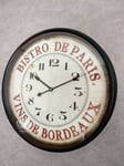 Horloge BISTROT DE PARIS, Vins de Bordeaux,diametre 50cm,en métal,neuve,murale