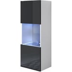 Vitrine murale 1 porte avec led Meuble de Rangement suspendu 40x126x29cm 3 compartiments Modèle Luke V3 Blanc et Noir Finition brillante