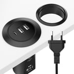 Chargeur Usb De Bureau À 3 Ports, ?illet D'Alimentation De Bureau 45 W, 3 Usb (1 Usb C, 2 Usb A) Multiprise Ronde De Bureau À Montage Encastré Avec Rallonge De 6,4 Pieds Prise Plate, Noir