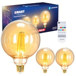 Aigostar Mesh - Ampoule Connectée Alexa E27 Bluetooth Mesh G95, Ampoule LED Edison Vintage Lampe à Filament Dimmable 6W 806LM CCT 2700K-6500K, Compatible avec Alexa, 3 Unité (avec Télécommande)