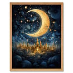 Golden City in the Clouds Surreal Artwork Blue Gold Crescent Moon Starry Night Fairytale Art Print Framed Poster Wall Decor 12x16 inch