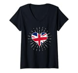 Womens UK British Flag Vintage Heart Great Britain Fan Retro V-Neck T-Shirt