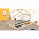 Lit cabane enfant avec tiroir en bois naturel 90x190 - LT14006