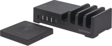 Latausasema Manhattan 55 W 1 x USB-C PD 30 W, 1 x USB-A QC 3.0 18 W, 3 x USB-A 5 V 2.4 A (36 W) ja Qi 10W langaton induktiivinen laturi