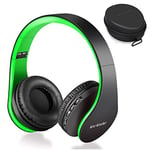 Wireless Bluetooth Over Ear Stereo Foldable Headphones, Wireless and Wired Mode Headsets with Soft Memory-Protein Earmuffs, Built-in Mic for Mobile Phone TV PC Laptop (Black-Green)