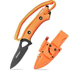 TONIFE Explorer Couteau à Lame Fixe avec Gaine 8Cr14moV Lame Couteau de Survie Multifonctionnel Manche en Nylon Renforcé de Fibre de Verre pour Couteau EDC Extérieur(Orange+Noir Titane)